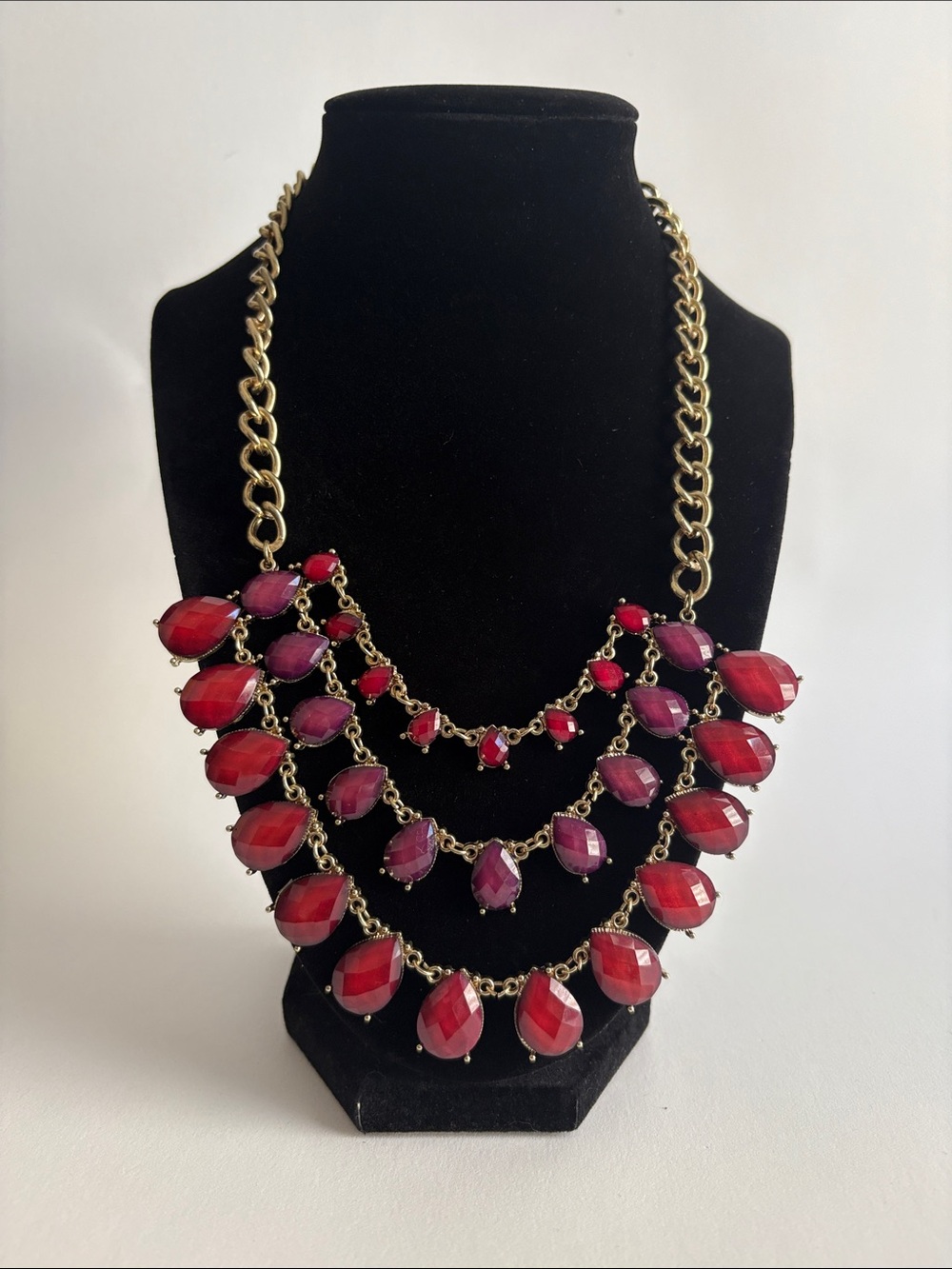 Red Teardrop Statement Necklace Multi Tier Gold Chain Women Jewelry